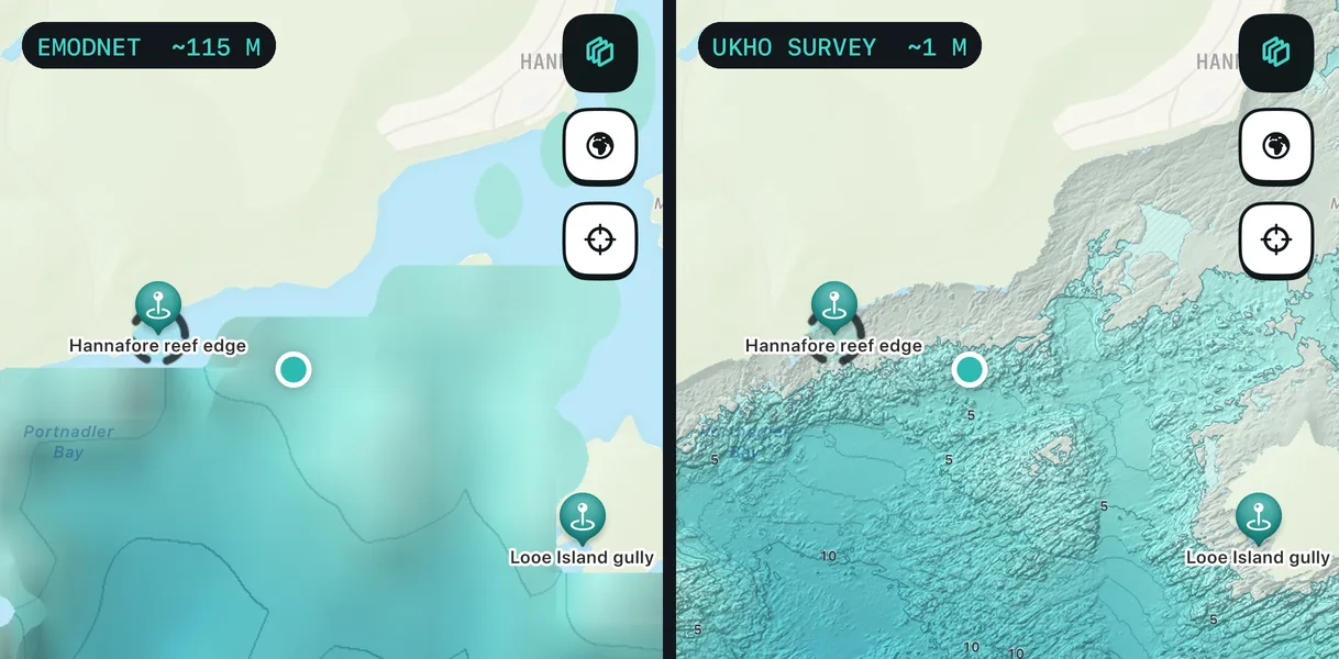 Side by side: blurred EMODnet seabed on the left, sharp 1 m UKHO survey on the right, off Hannafore
