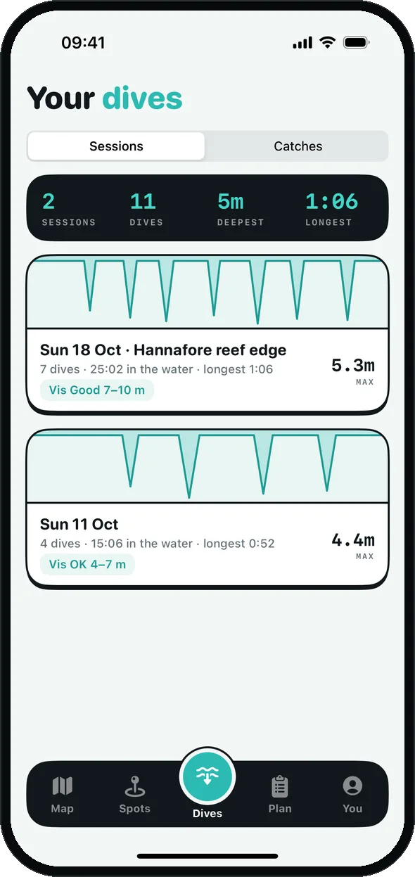 Your dives: two sessions with dive profiles, dive counts, the longest dive and the vis logged