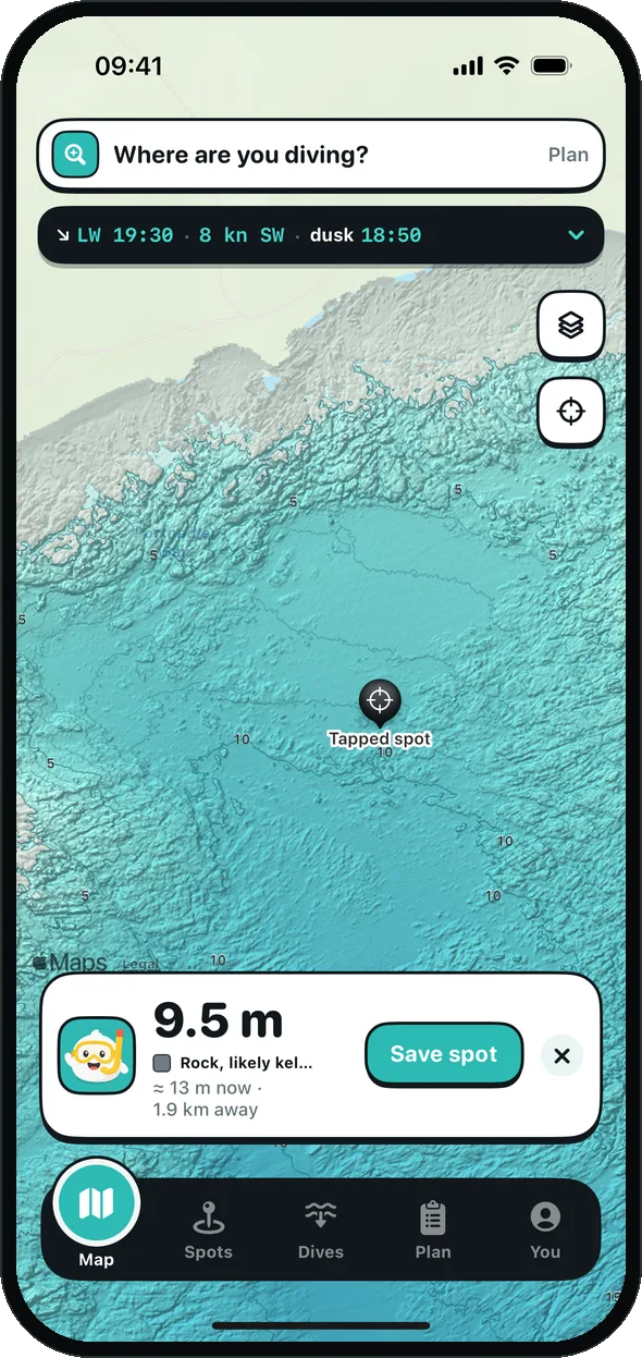 A tapped spot: 9.5 m charted, rock likely kelp, about 13 m now