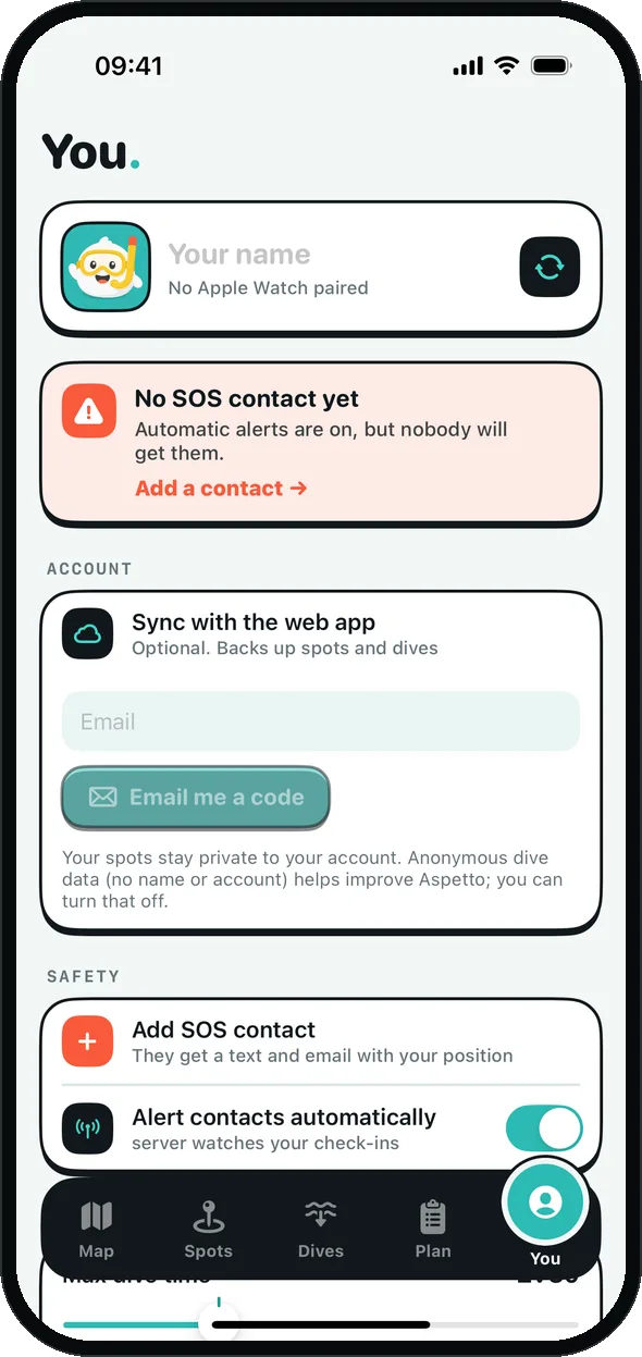 The You page: add an SOS contact and alert contacts automatically