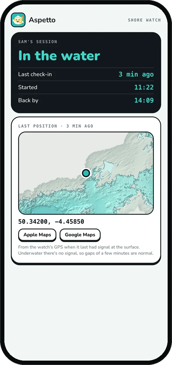The shore watch page: in the water, last check-in, back by, and last position