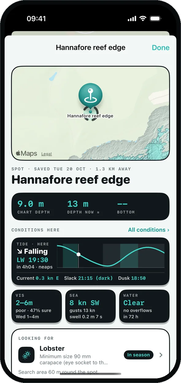 A saved spot, Hannafore reef edge: chart depth, depth now and the conditions there