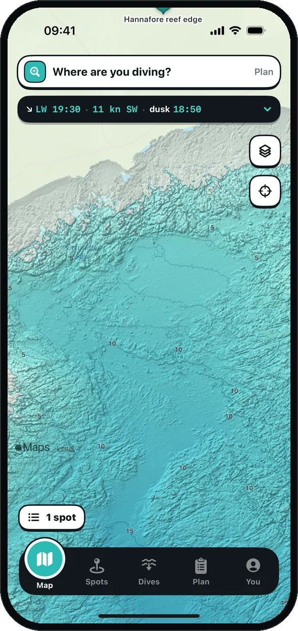 The map close up off Looe: shaded reef, gullies and sand with 5 and 10 m contours