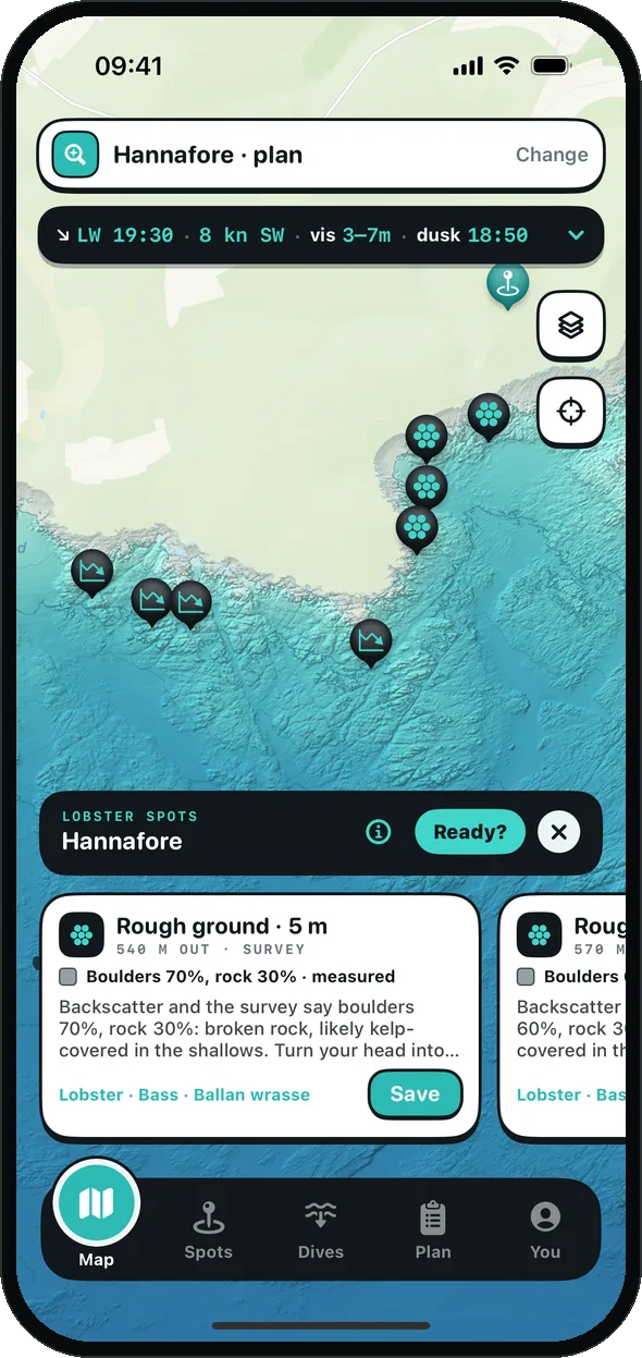 Lobster spots suggested off Hannafore: rough ground and boulders, with the reasons