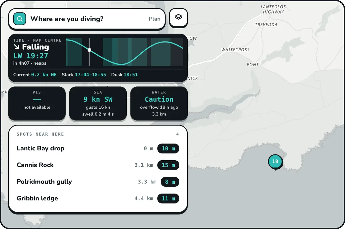 The web app: tide, sea and water quality panels and nearby spots over the map (sample data)