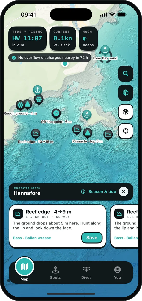 The map with tide, current and moon readouts and a no-overflow notice