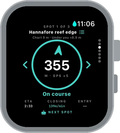 Navigate: 355 m to Hannafore reef edge, on course